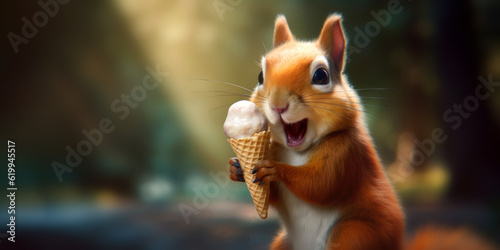 squirrel in the park eating ice cream at summer time, funny summer animal background with empty copy space, generative ai