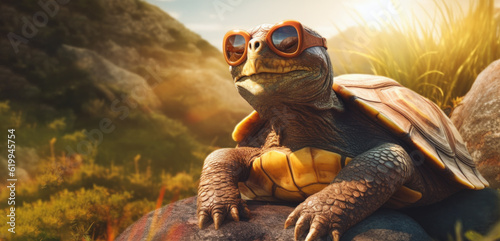 turtle in sunglasses resting and sunbathing in the sun, summer vacation background, generative ai