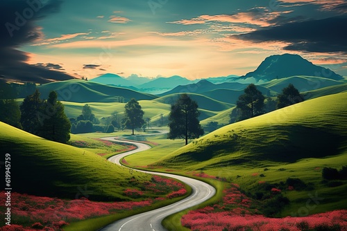 a road winding on a green grassy hill, vibrant fantasy landscape