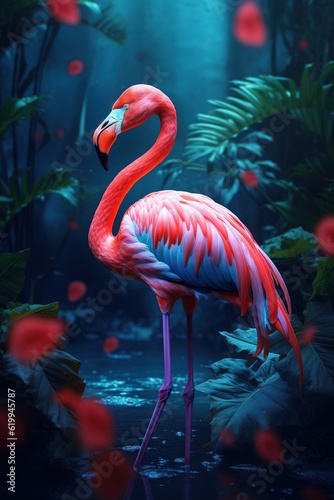 pink flamingo in the forest with flowers on blurry background