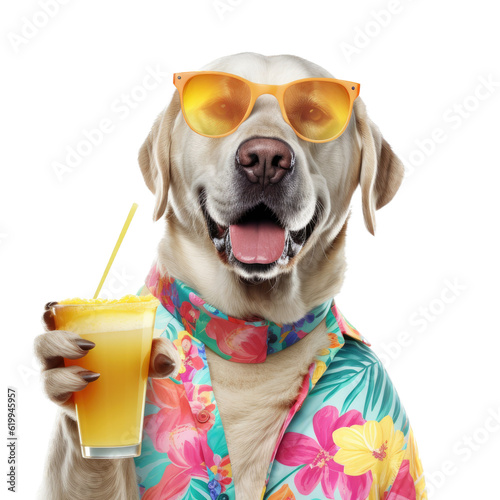 a Labrador retriever as a party animal, cool cat, in a Hawaiian shirt holding a drink in a Fun Party-themed, photorealistic illustration in a PNG, cutout, and isolated. Generative AI