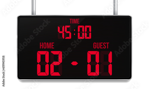 Football digital scoreboard with time and result display. Sport template for your design. Vector illustration.