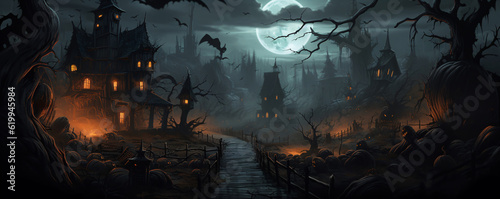 Halloween spooky graveyard illuminated by a full moon.