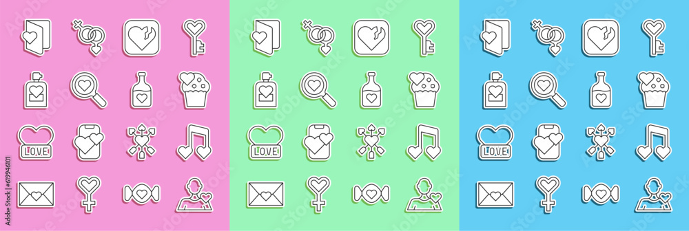 Set line Romantic man, Music note, tone with hearts, Wedding cake, Broken or divorce, Search and love, Perfume, Valentines day flyer and Bottle potion icon. Vector Set line Romantic man, Music note, tone with hearts, Wedding cake, Broken or divorce, Search and love, Perfume, Valentines day flyer and Bottle potion icon. Vector