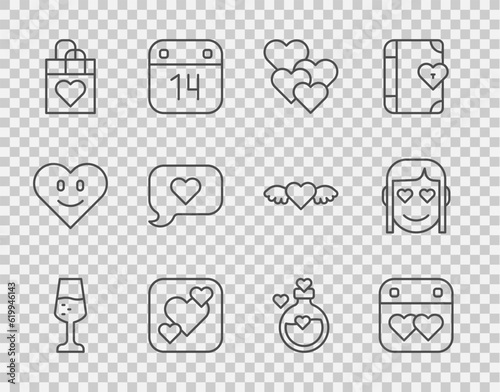 Set line Glass of champagne, Calendar with heart, Heart, Shopping bag, speech bubble, Bottle love potion and Romantic girl icon. Vector