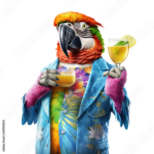  a Macaw as a party animal, a cool cat, in a Hawaiian shirt holding a drink in a Fun Party-themed, photorealistic illustration in a PNG, cutout, and isolated. Generative AI