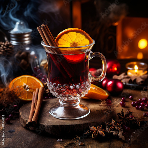 Illustration, AI generation. mulled wine on the table in the cafe. Hot alcoholic drink.