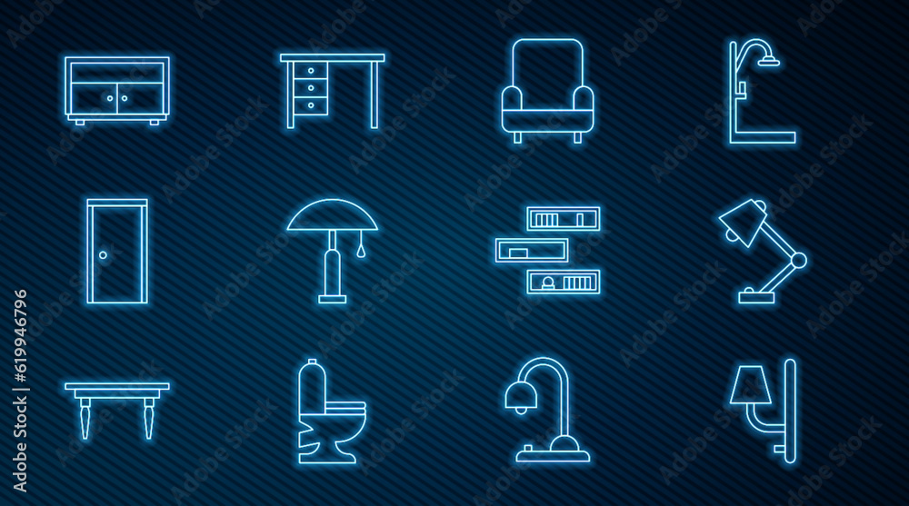 Set line Wall sconce, Table lamp, Armchair, Closed door, Chest of drawers, Shelf with books and Office desk icon. Vector Set line Wall sconce, Table lamp, Armchair, Closed door, Chest of drawers, Shelf with books and Office desk icon. Vector