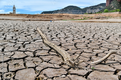 Gerona, Spain:04.23.2023; The dry stick in Sau reservoir in Catalonia