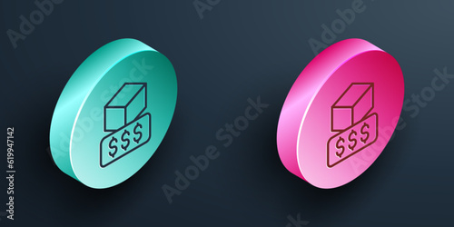 Isometric line 3D printer services icon isolated on black background. 3d printing. Turquoise and pink circle button. Vector