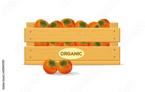 Wooden box with persimmon. Fruit box icon. Vector illustration isolated on white background.