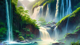 A breathtaking landscape showcasing the beauty of nature, with cascading waterfalls and lush 