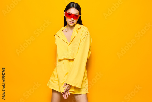 yellow woman fashion lifestyle girl trendy sunglasses attractive young beautiful beauty