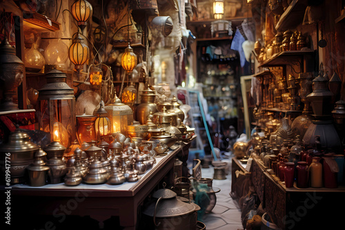 crowded shop in eastern bazaar with lamps  brass trinkets  mysterious objects