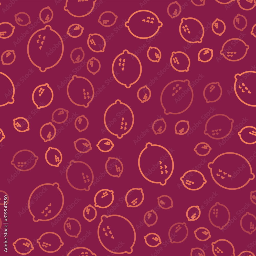 Brown line Lemon icon isolated seamless pattern on red background. Vector