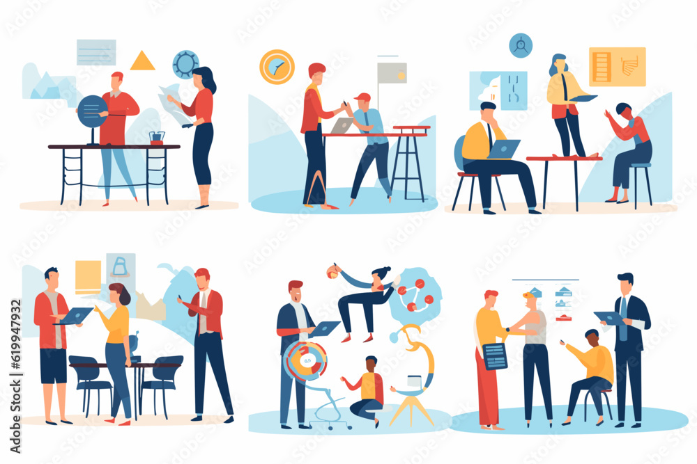 Illustrative vector set showcasing business and marketing activities including management, payment, market research, data analysis, and communication.
