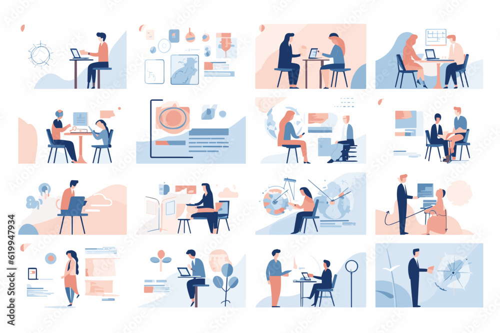 Illustrative vector set showcasing business and marketing activities including management, payment, market research, data analysis, and communication.