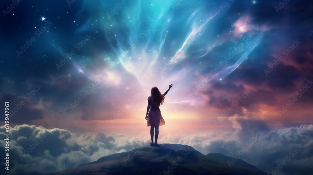 Surreal Fantasy Scene of Girl Waving to the Sky Under Celestial Stars & Clouds - A Testament to Human Curiosity and the Mysterious Cosmos. Generative AI. Surreal Fantasy Scene of Girl Waving to the Sky Under Celestial Stars & Clouds - A Testament to Human Curiosity and the Mysterious Cosmos. Generative AI.