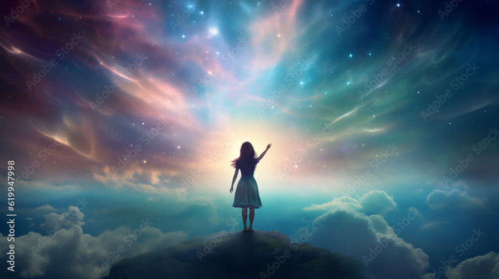 Dreamy Ethereal Night Sky Full of Stars with Girl Standing in Awe & Waving to the Sky - Epitomizing the Magic of Universe and Nature. Generative AI.