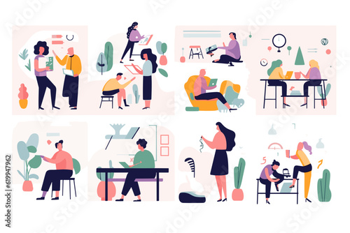 Vector illustrations depicting people engaged in various educational activities such as learning  reading  participating in online courses  receiving training  and going back to school.