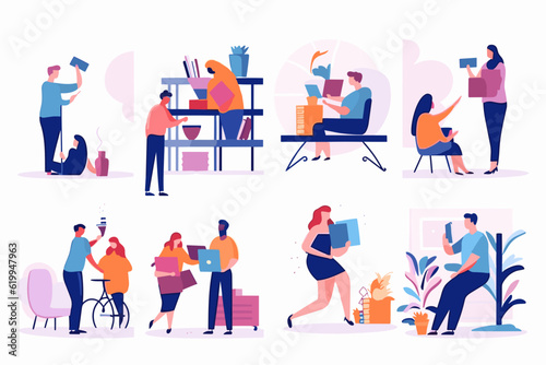 Illustrations for Education Concept. Vector graphics of people engaged in different educational activities like learning, reading books, taking online courses, training, and going back to school.