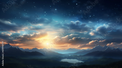 Ethereal celestial stars and night sky over nature landscape in dreamy surreal fantasy. Depicts feelings of wonder and enchantment.