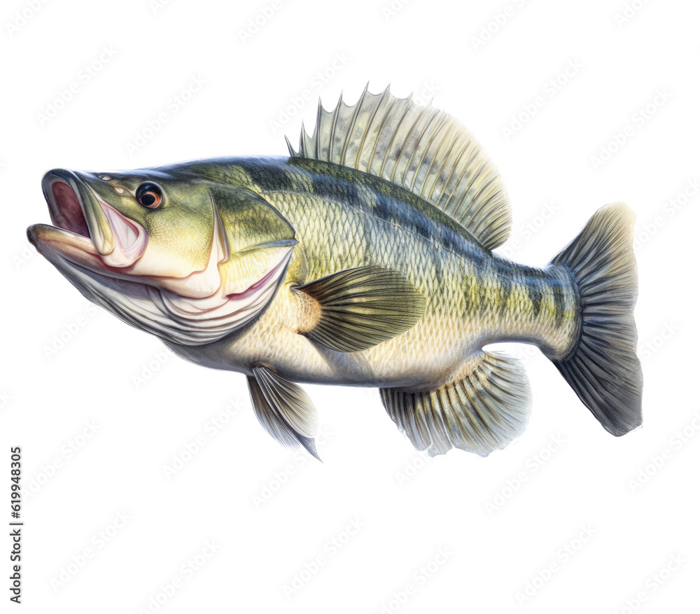 Fototapeta premium a Large-mouth bass, Micropterus salmoides in various positions in Aquatic-themed, photorealistic illustrations in a PNG, cutout, and isolated. Generative AI