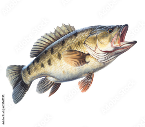 a Large-mouth bass, Micropterus salmoides in various positions in Aquatic-themed, photorealistic illustrations in a PNG, cutout, and isolated. Generative AI