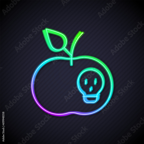 Glowing neon line Poison apple icon isolated on black background. Poisoned witch apple. Vector