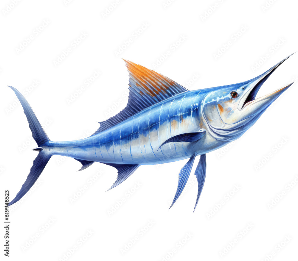 a Blue Marlin, Makaira nigricans swimming in various positions in Fishing and Aquatic-themed, photorealistic illustrations in a PNG, cutout, and isolated. Generative AI a Blue Marlin, Makaira nigricans swimming in various positions in Fishing and Aquatic-themed, photorealistic illustrations in a PNG, cutout, and isolated. Generative AI