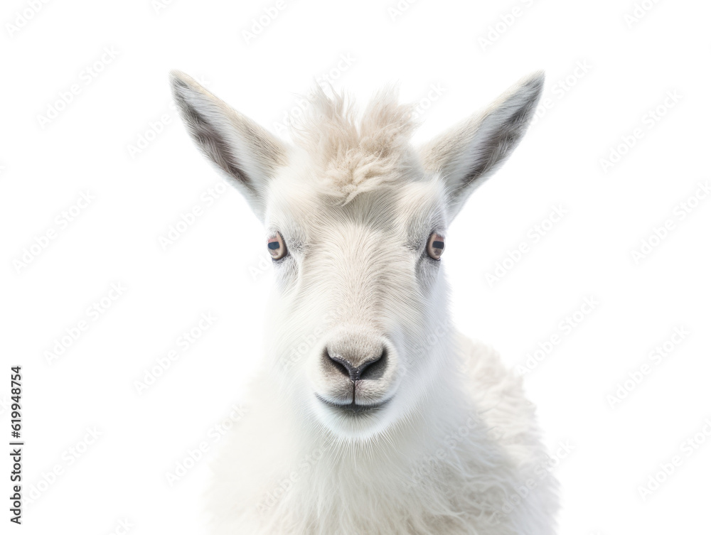 a young Mountian Goat portrait front view, in an isolated and transparent PNG in a Wildlife-themed, photorealistic illustration. Generative ai