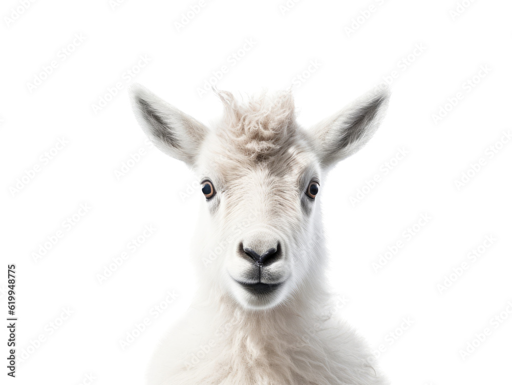 Fototapeta premium a young Mountian Goat portrait front view, in an isolated and transparent PNG in a Wildlife-themed, photorealistic illustration. Generative ai