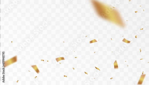 Confetti on a transparent background. Falling shiny golden confetti. Bright golden festive tinsel. Holiday design elements for web banner, poster, flyer, invitation. Vector