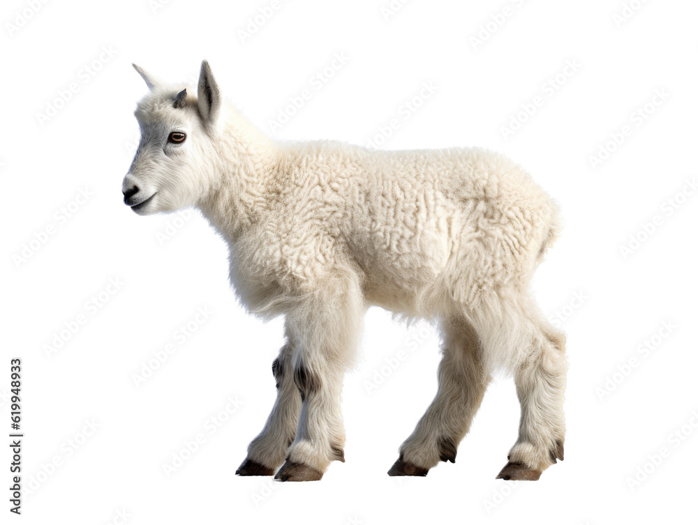 a baby Mountain Goat, Oreamnos americanus, full body in motion, in various positions, Nature -themed, photorealistic illustrations in a PNG, cutout, and isolated. Generative AI a baby Mountain Goat, Oreamnos americanus, full body in motion, in various positions, Nature -themed, photorealistic illustrations in a PNG, cutout, and isolated. Generative AI
