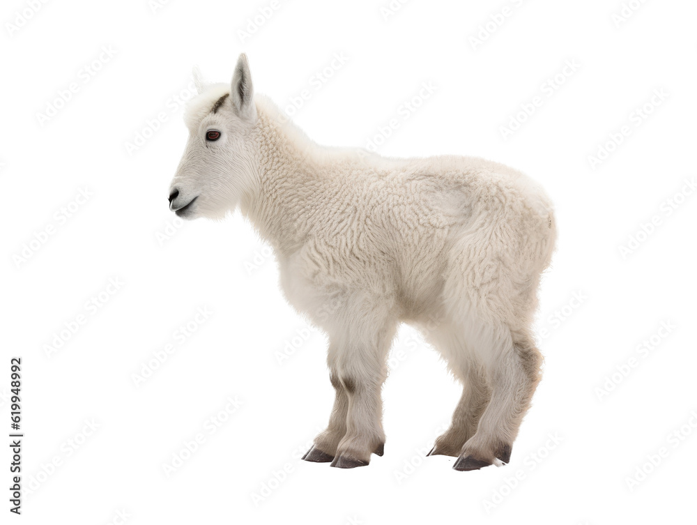 a baby Mountain Goat, Oreamnos americanus, full body in motion, in various positions, Nature -themed, photorealistic illustrations in a PNG, cutout, and isolated. Generative AI a baby Mountain Goat, Oreamnos americanus, full body in motion, in various positions, Nature -themed, photorealistic illustrations in a PNG, cutout, and isolated. Generative AI