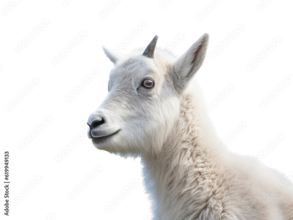 a young Mountian Goat portrait side view, in an isolated and transparent PNG in a Wildlife-themed, photorealistic illustration. Generative ai a young Mountian Goat portrait side view, in an isolated and transparent PNG in a Wildlife-themed, photorealistic illustration. Generative ai