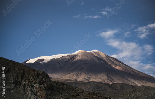 Mount Ararat with glacier and snow peak in nice sunny weather with blue sky and clouds