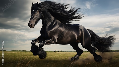 A Friesian Horse Galloping in a Field