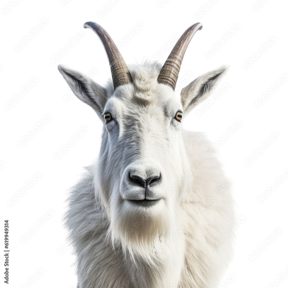 a Mountian Goat portrait with horns in an isolated and transparent PNG in a Wildlife-themed, photorealistic illustration. Generative ai