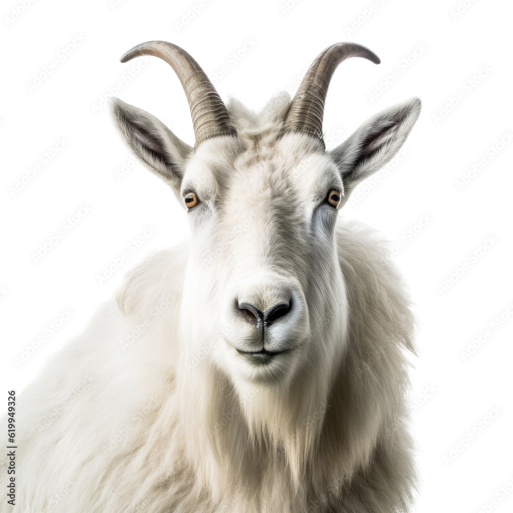 a Mountian Goat portrait with horns in an isolated and transparent PNG in a Wildlife-themed, photorealistic illustration. Generative ai
