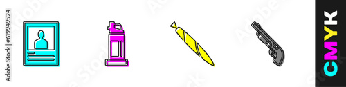 Set Wanted poster, Pepper spray, Marijuana joint and Police shotgun icon. Vector