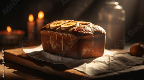 banana cake on a table in sun light, new quality stock image food illustration desktop wallpaper design, Generative AI photo