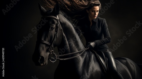 A Woman Rider Atop a Friesian Horse