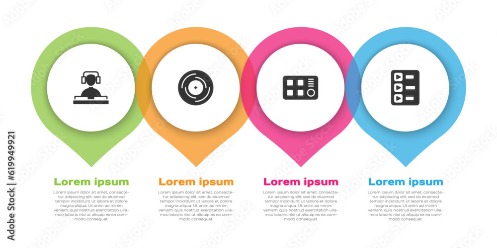 Set DJ playing music, Vinyl disk, Drum machine and Music playlist. Business infographic template. Vector Set DJ playing music, Vinyl disk, Drum machine and Music playlist. Business infographic template. Vector