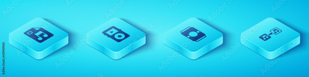 Set Isometric MP3 file document, Music player, note, tone and Beer can icon. Vector Set Isometric MP3 file document, Music player, note, tone and Beer can icon. Vector