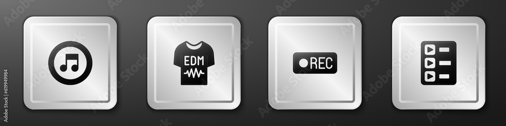Set Music note, tone, T-shirt, Record button and playlist icon. Silver square button. Vector Set Music note, tone, T-shirt, Record button and playlist icon. Silver square button. Vector