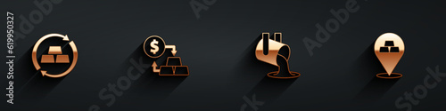 Set Gold exchange money, Molten gold being poured and bars icon with long shadow. Vector