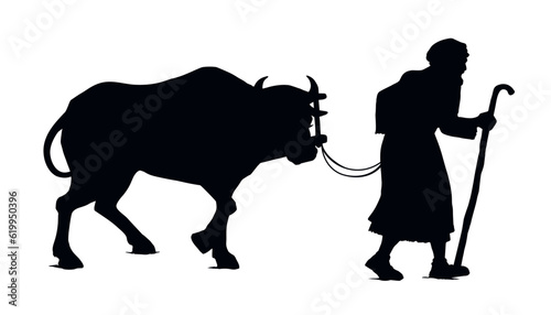 Vector drawing. A man leads an ox