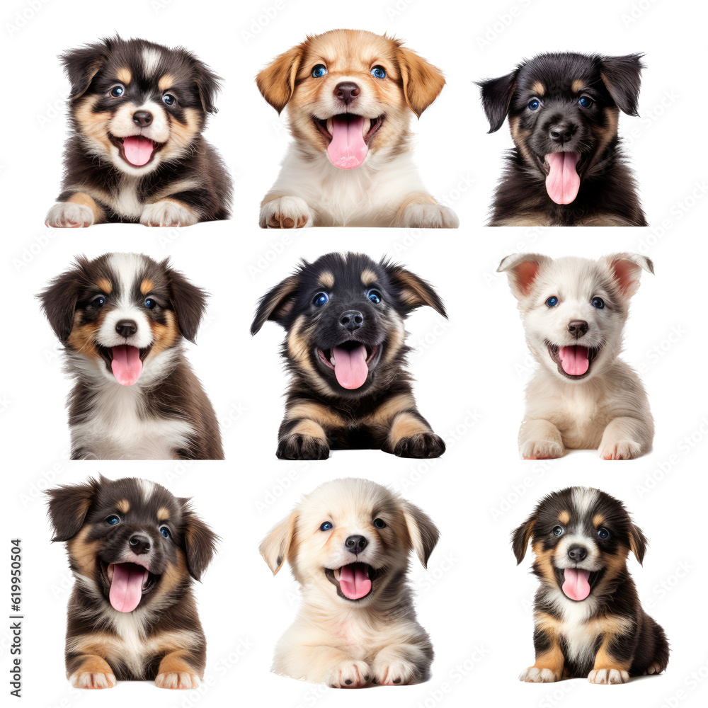a group/set of adorable puppies of different breeds, Portraits in Pet-themed, photorealistic illustrations in a PNG, cutout, and isolated. Generative AI a group/set of adorable puppies of different breeds, Portraits in Pet-themed, photorealistic illustrations in a PNG, cutout, and isolated. Generative AI