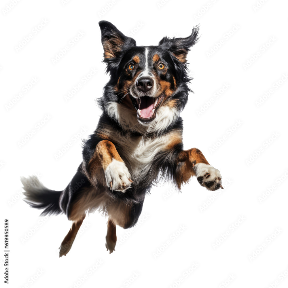 Fototapeta premium an Australian Shepard, jumping mid-air for a frisbee, in various positions Pet-themed, photorealistic illustration in a PNG, cutout, and isolated. Generative AI